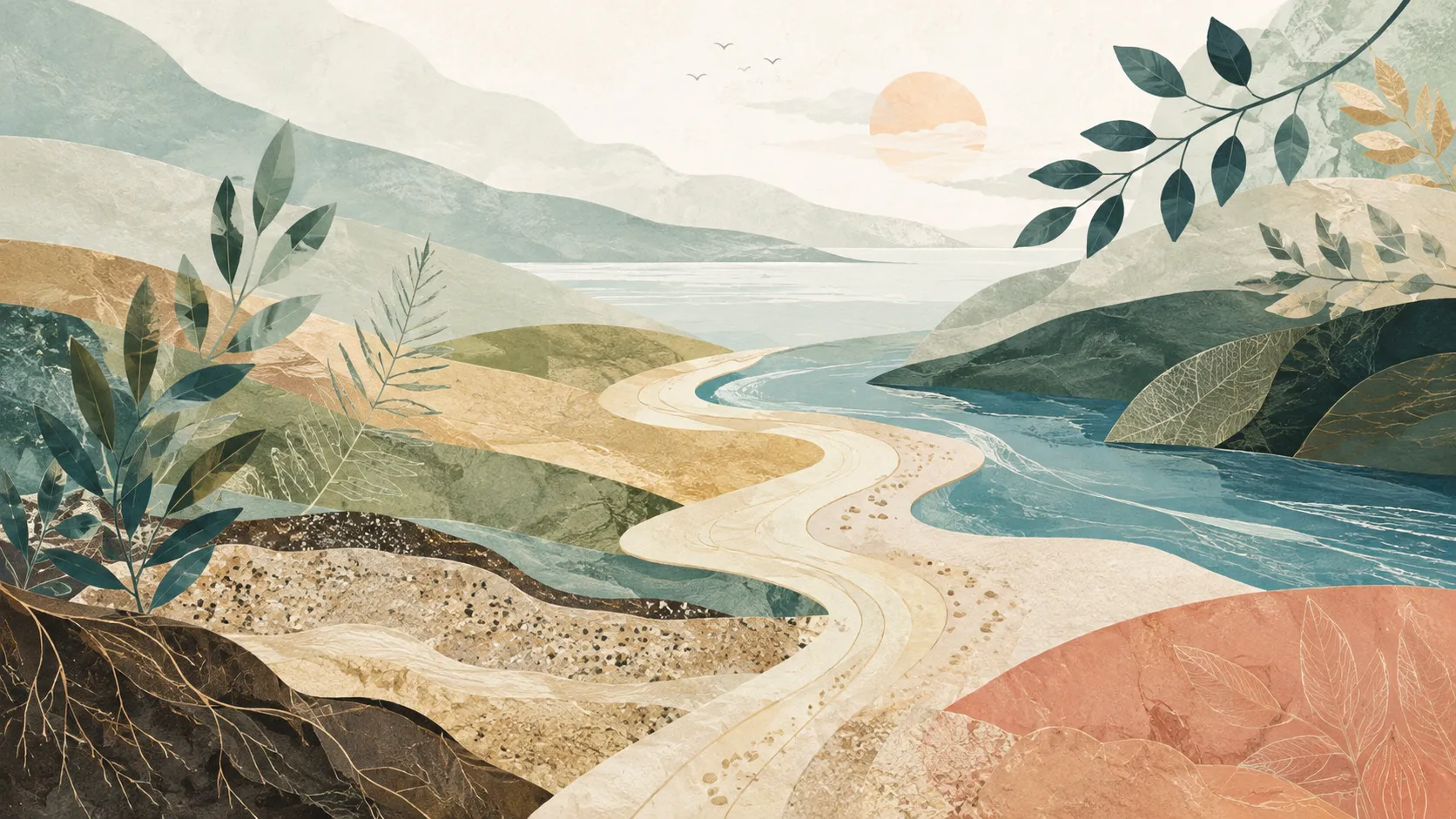 Layers of natural textures and paths meeting in a balanced abstract landscape.