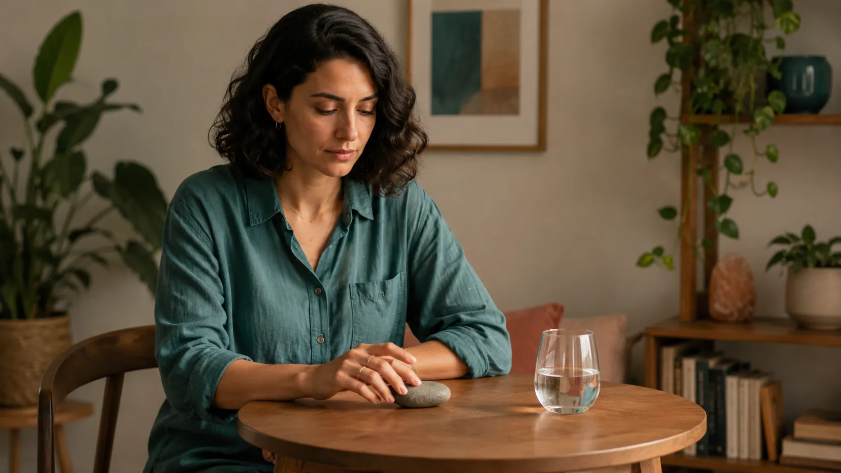 A non-identifiable adult seated in a calm indoor space, orienting to a simple grounding object on a table.