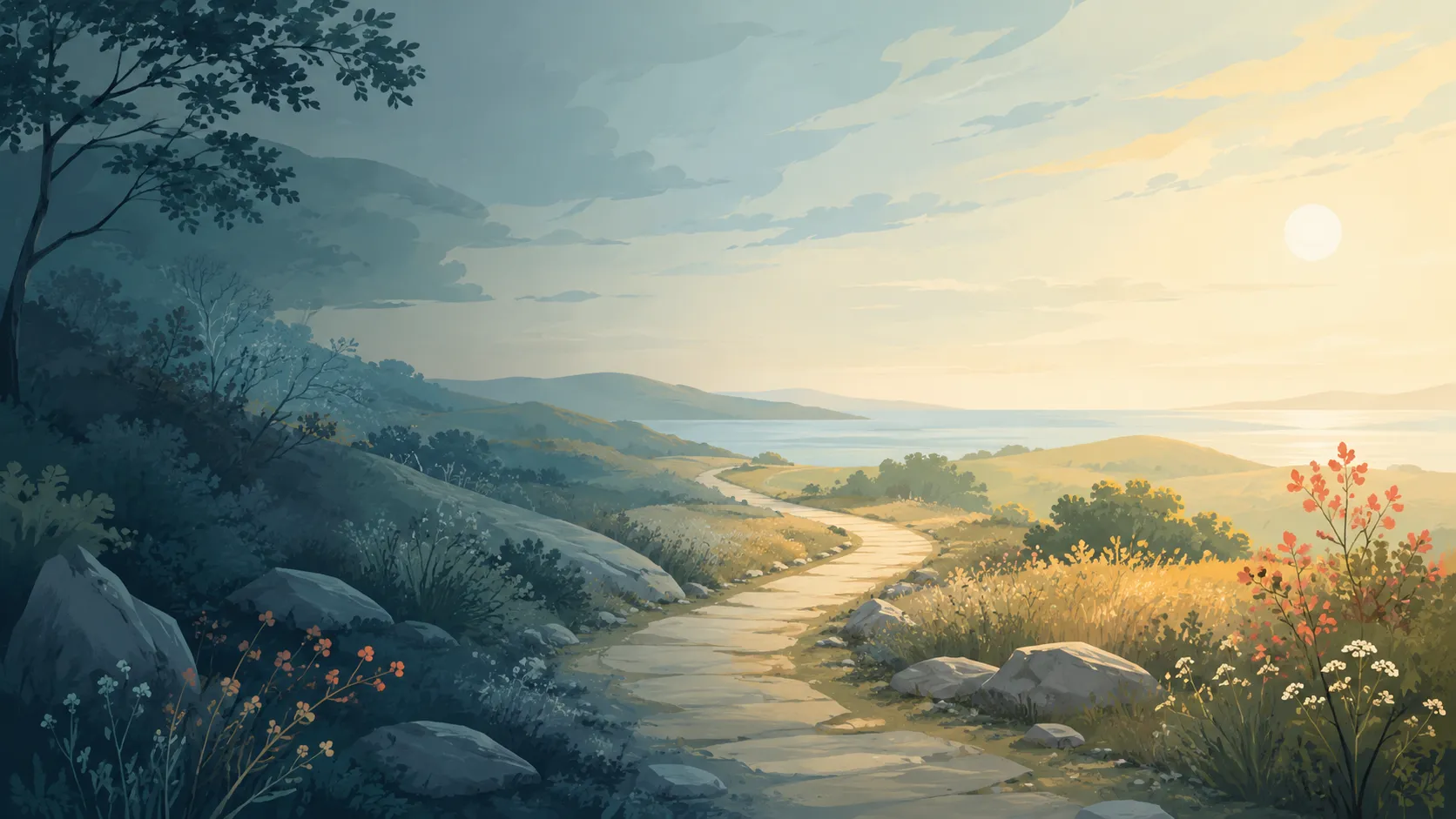 A quiet pathway through a changing landscape at early morning.