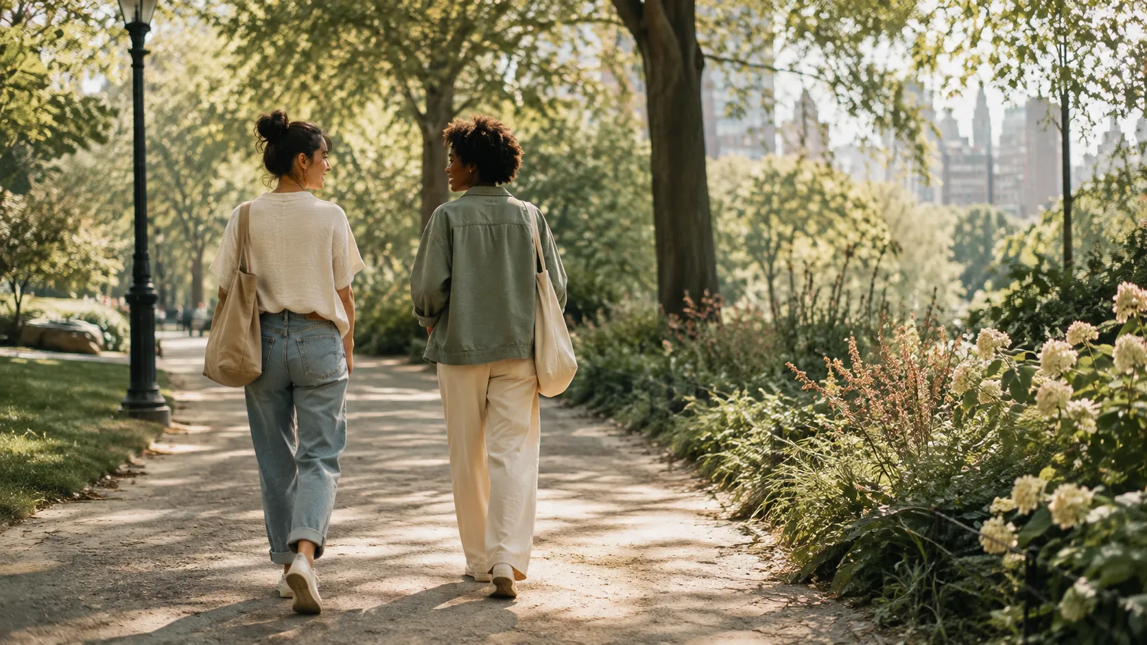 Two friends walking side by side in a park.