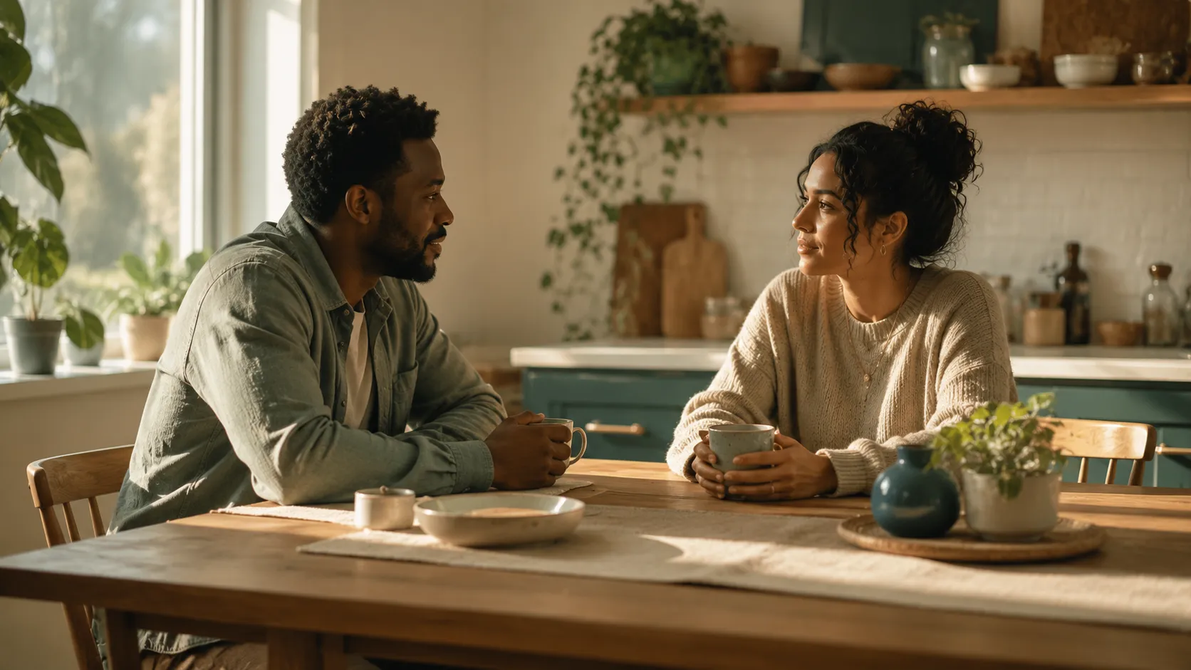 A couple talking calmly at a kitchen table.