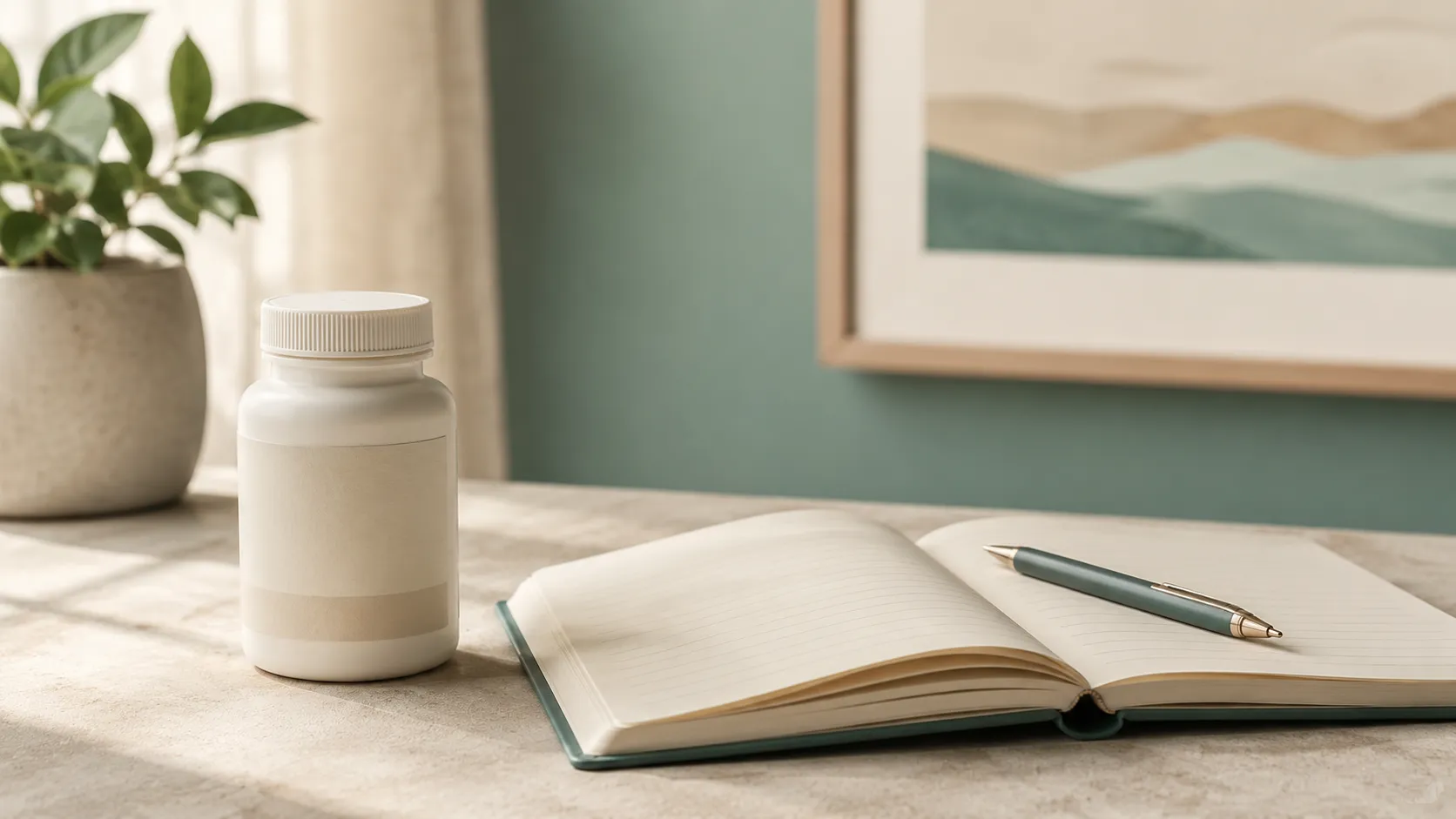 A calm, organised desk with a notebook and a labelled medication container, suggesting an informed conversation with a clinician.