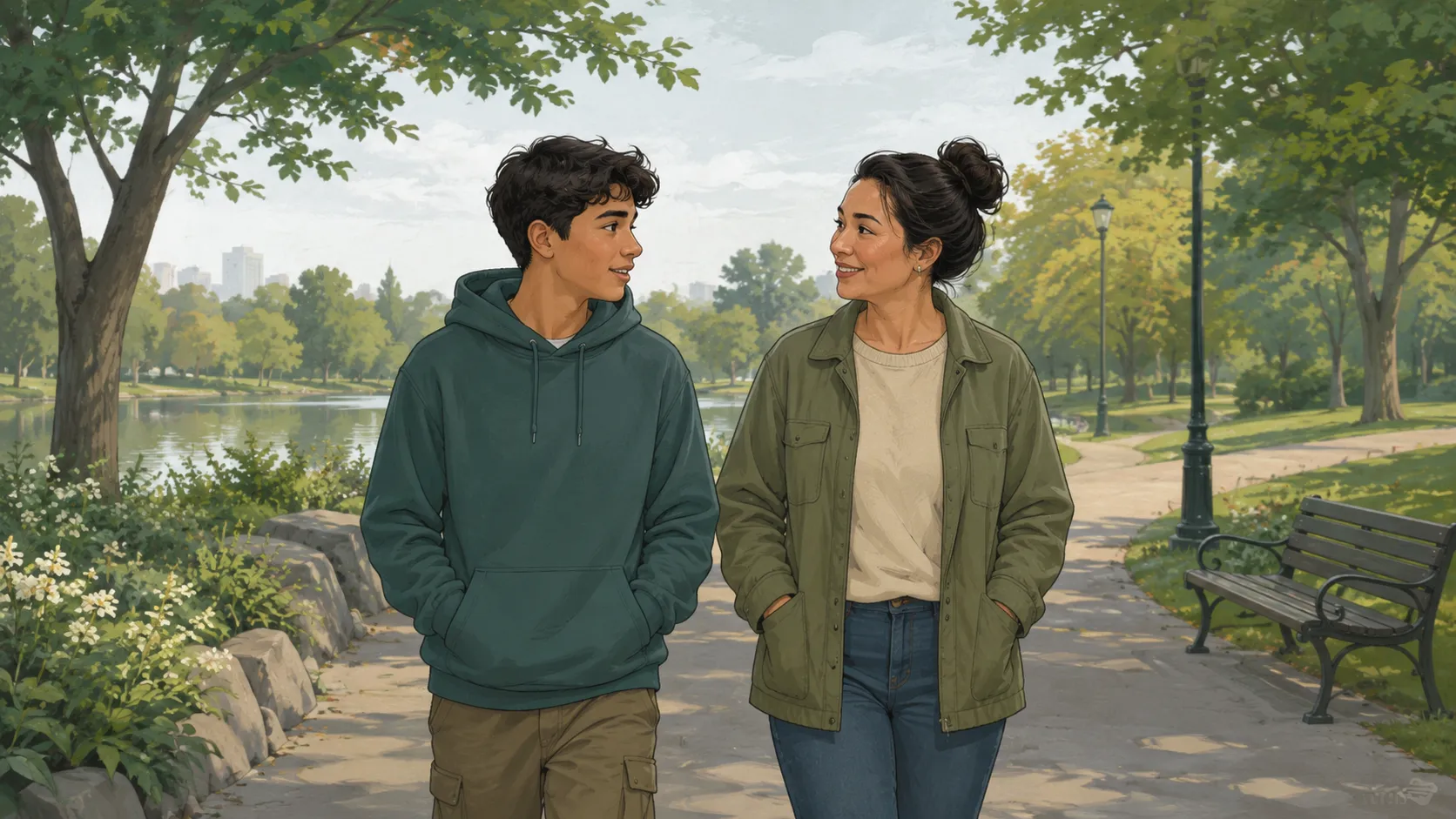 A teenager and a trusted adult walking together in a calm outdoor setting.