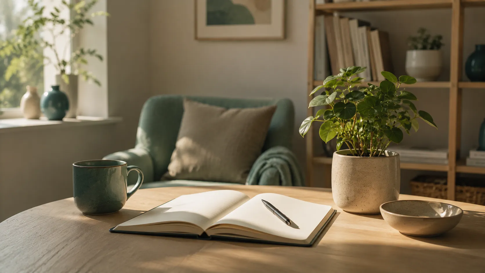 A notebook, pen, and small plant in a calm sunlit room.