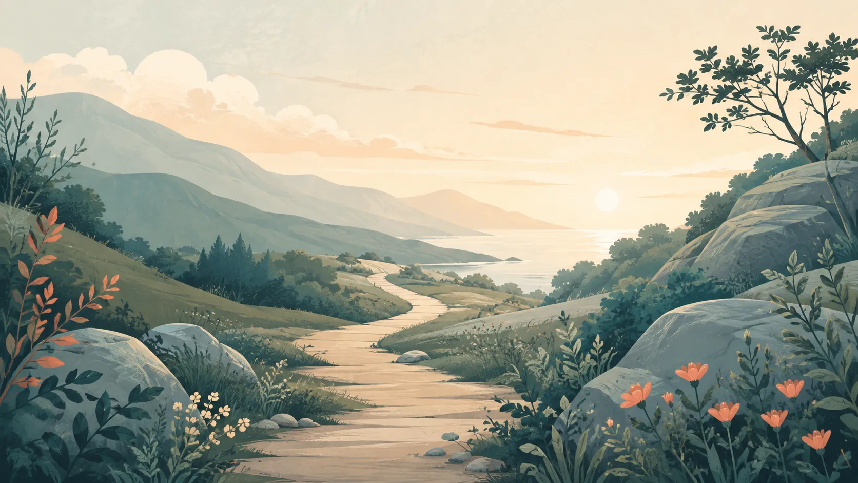 A calm layered landscape with a clear path forward.