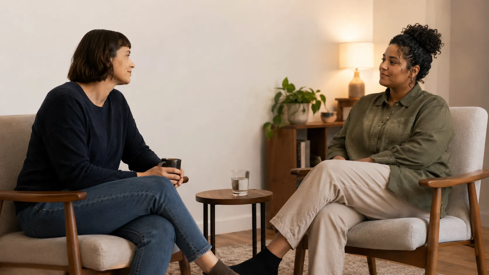 Two adults sitting calmly with supportive space between them in an indoor setting.