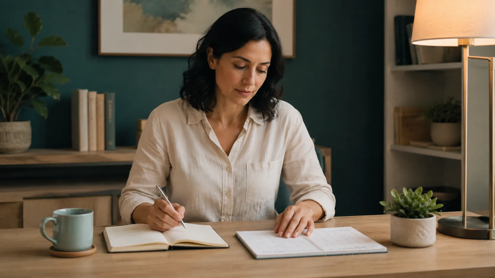 A non-identifiable adult reviewing a notebook and calendar at a tidy desk.