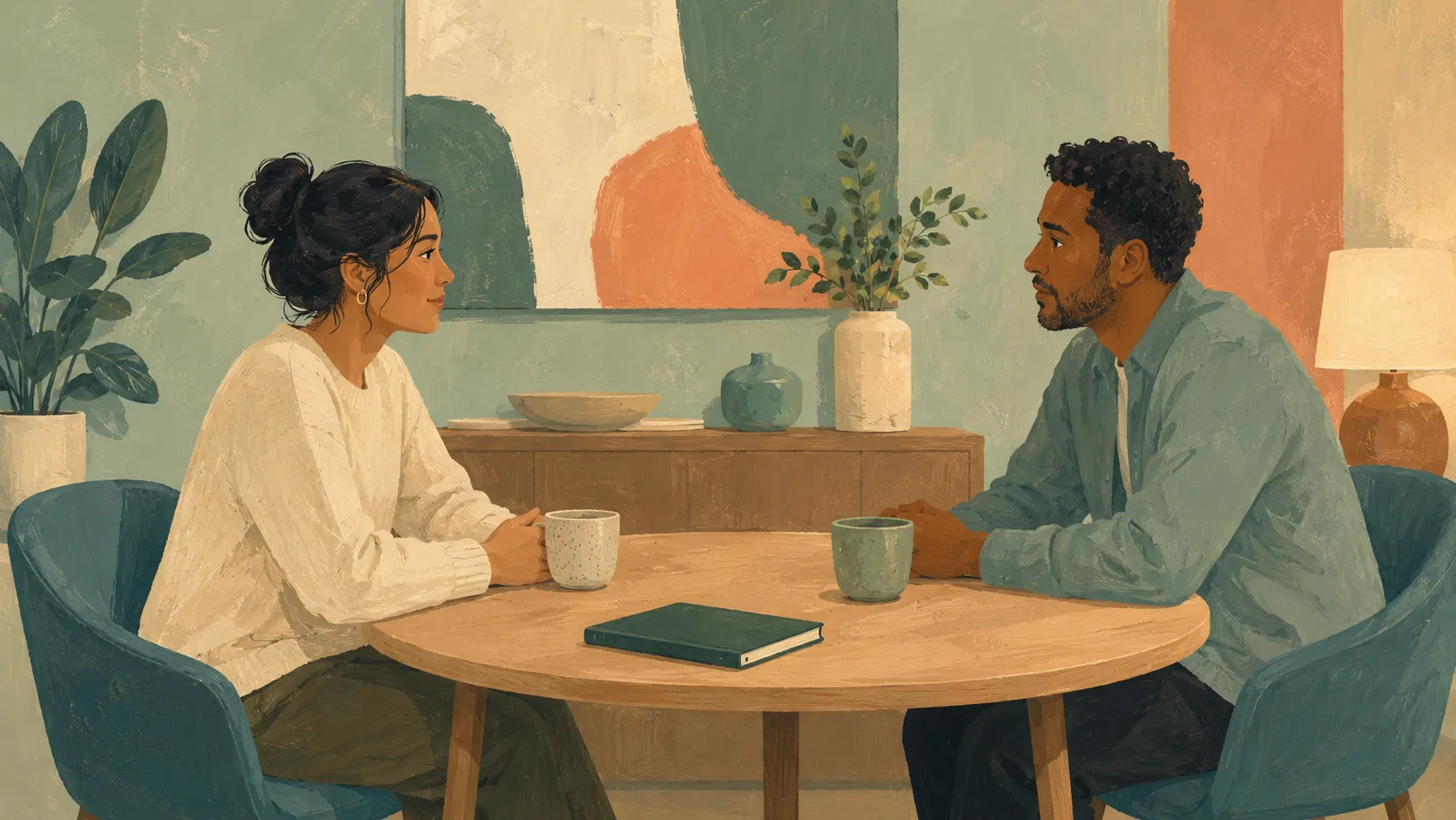 Two adults having a respectful conversation at a table, with attention and space for both people.