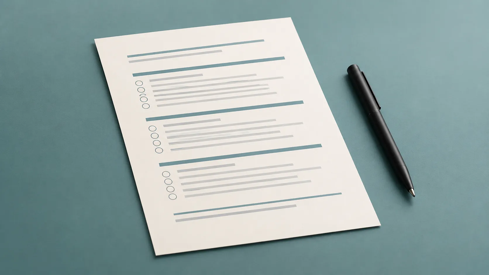 A neutral questionnaire layout with a pen, shown without readable questions or scores.
