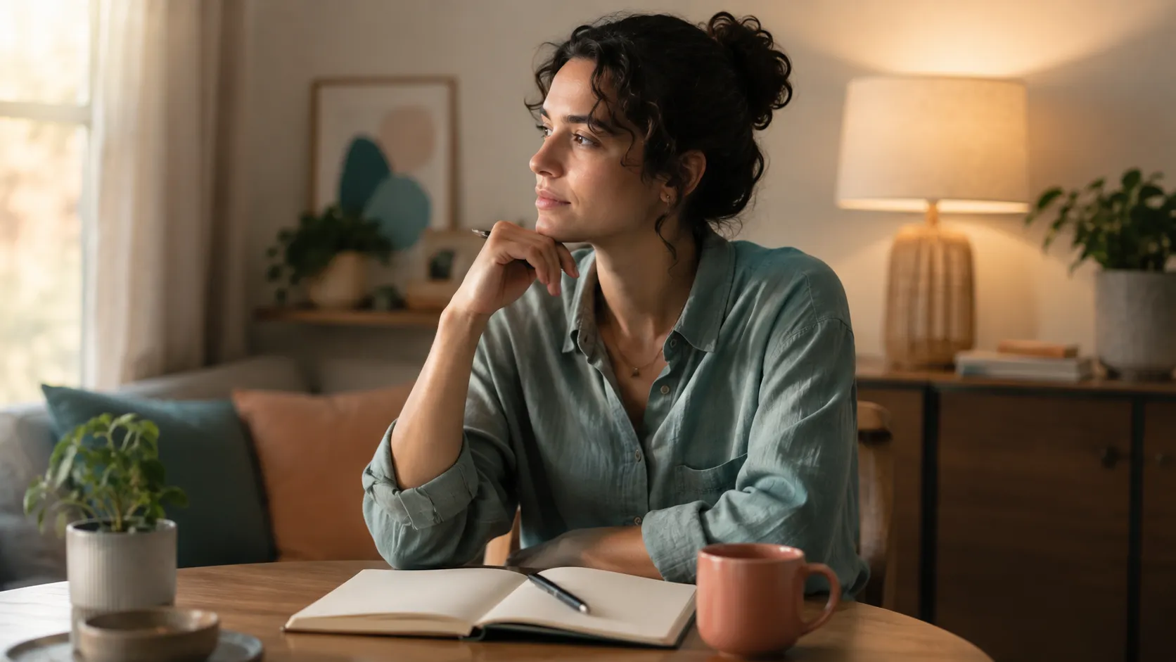A non-identifiable adult reflecting with a notebook in a calm, ordinary indoor space.
